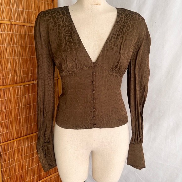 Green leopard button down blouse - Picture 1 of 8